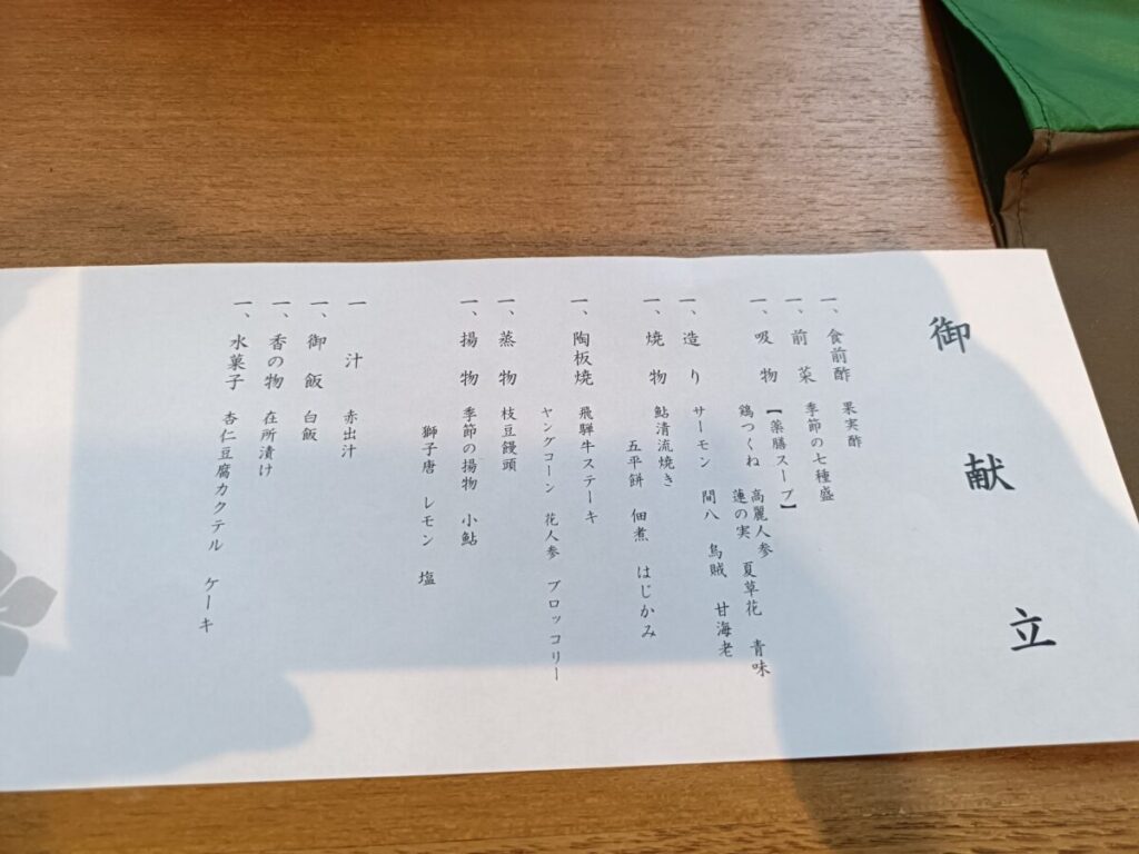 長良川温泉ホテルパークの夕食献立表