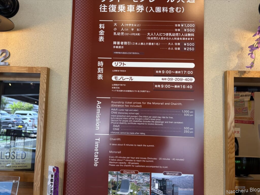 天橋立ビューランドのリフト・モノレール共通往復乗車券の料金表